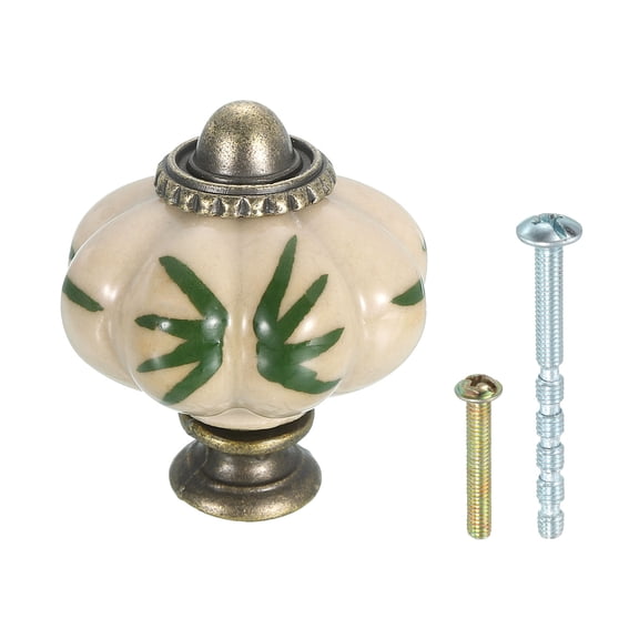 Uxcell Ceramic Knobs, 35mm/1.38" Pumpkin Cabinet Knob Drawer Pull Handle Vintage Drawer Knobs with Screws for Vanity Bedroom Furniture Closet, Green Leaves