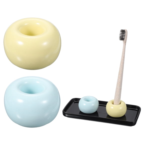 Uxcell Ceramic Toothbrush Holder Set with Tray, Countertop Organizer for Bathroom, Storage for Toothbrushes, Holder Stand for Bathroom Accessories, Blue/Yellow