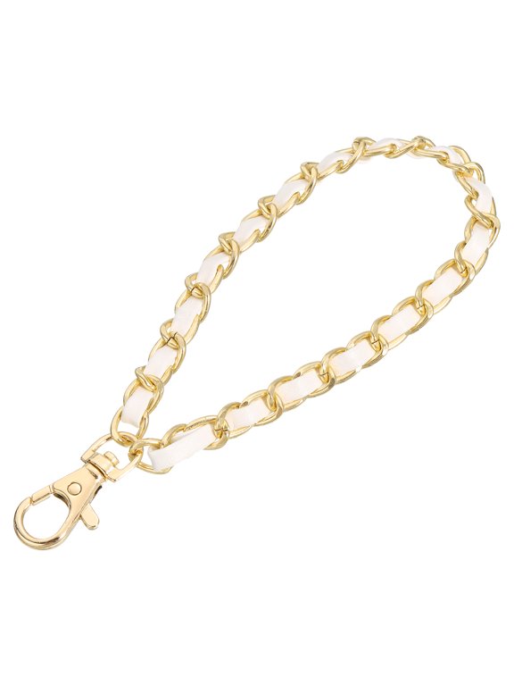 Chain Strap Wristlet, 7" Hand Wrist Lanyard Leather Wristlet Strap for DIY, Gold, White
