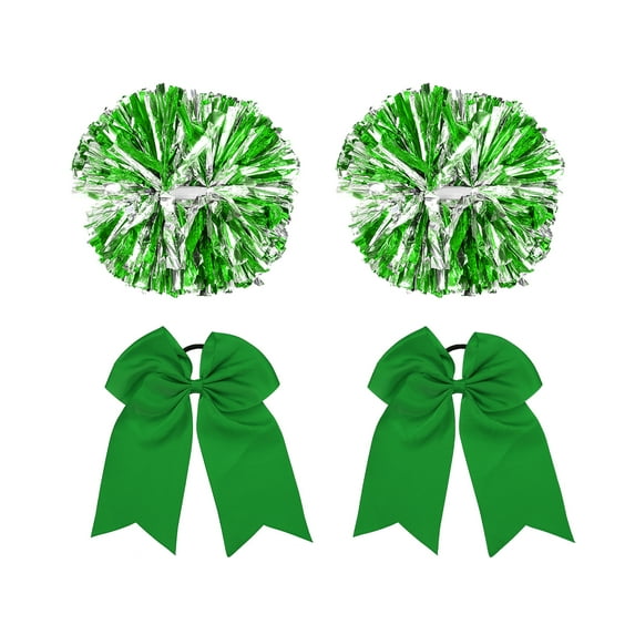 Uxcell Cheerleading Pom Poms, with Baton Handle and 2Pcs Green Large Cheerleader Hair Bow (Green, Silver) 2 Pack