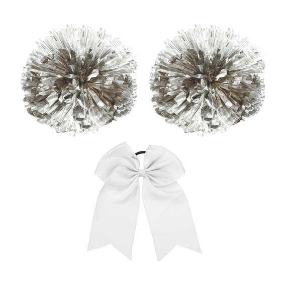 Uxcell Cheerleading Pom Poms, with Finger Holes and White Large Cheerleader Hair Bow for Sport, Silver Tone 2Pcs