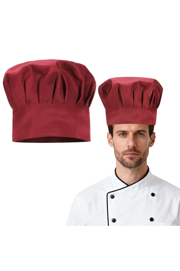 Chef Hat, Adjustable Elastic Band Cotton Baker Hat for Women and Men, Full Cloth Chef Cap with Hook and Loop Tape for Home Restaurant Kitchen Cooking Halloween Party, Red