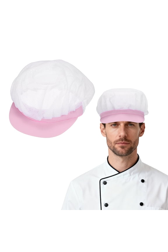 Chef Hat, Adjustable Elastic Band Cotton Baker Hat for Women and Men, Full Mesh Baker Hat Food Service Hair Nets for Home Restaurant Kitchen Cooking, White and Pink