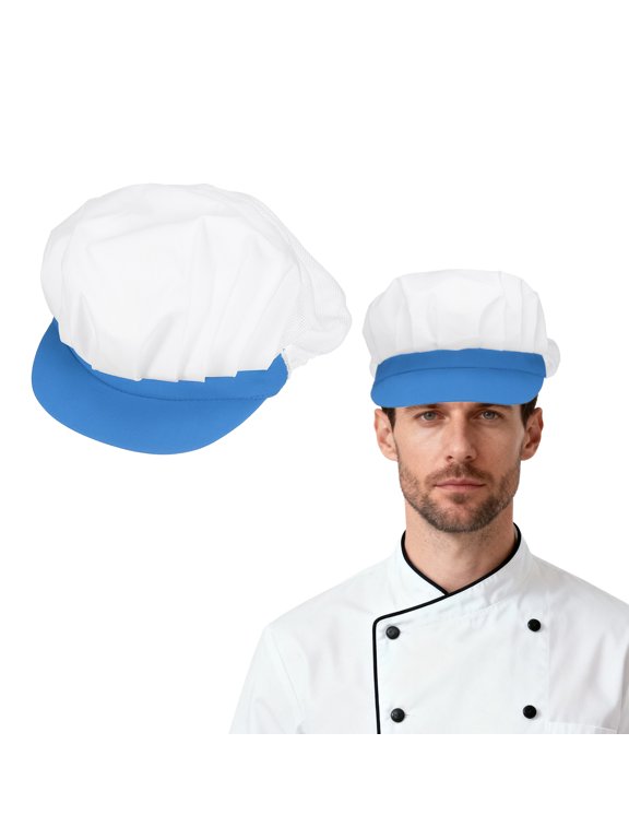 Chef Hat, Adjustable Elastic Band Cotton Baker Hat for Women and Men, Half Mesh Baker Hat Food Service Hair Nets for Home Restaurant Kitchen Cooking, White and Lake Blue