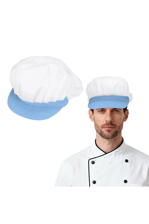 Chef Hat, Adjustable Elastic Band Cotton Baker Hat for Women and Men, Half Mesh Baker Hat Food Service Hair Nets for Home Restaurant Kitchen Cooking, White and Shallow Blue