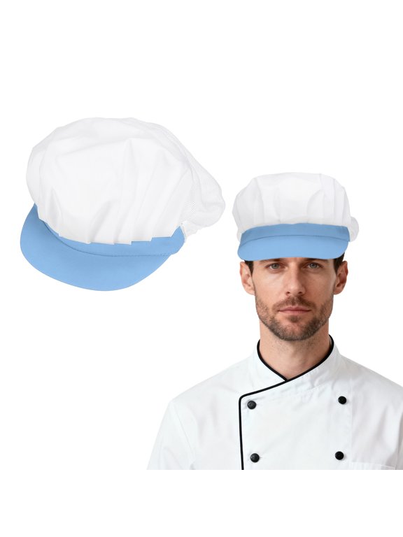 Chef Hat, Adjustable Elastic Band Cotton Baker Hat for Women and Men, Half Mesh Baker Hat Food Service Hair Nets for Home Restaurant Kitchen Cooking, White and Shallow Blue