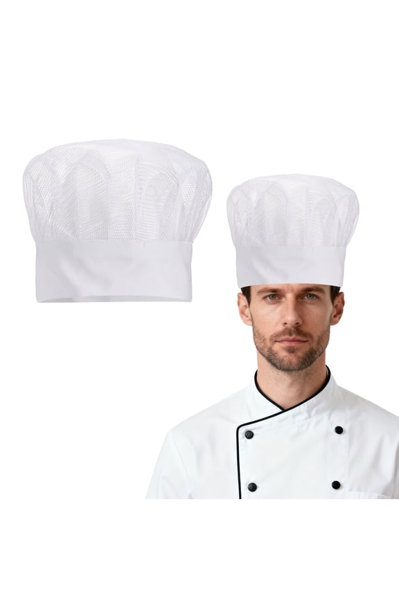 Chef Hat, Adjustable Elastic Band Cotton Baker Hat for Women and Men, Top Mesh Chef Cap with Hook and Loop Tape for Home Restaurant Kitchen Cooking Halloween Party, White