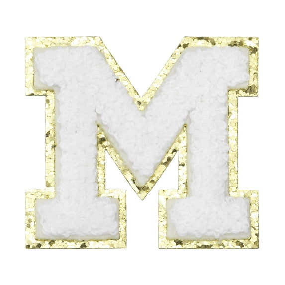 Uxcell Chenille Letter Patches Letter M Iron on Patches Decorative Repair Sew on Appliques Glitters Edge White 2.2"