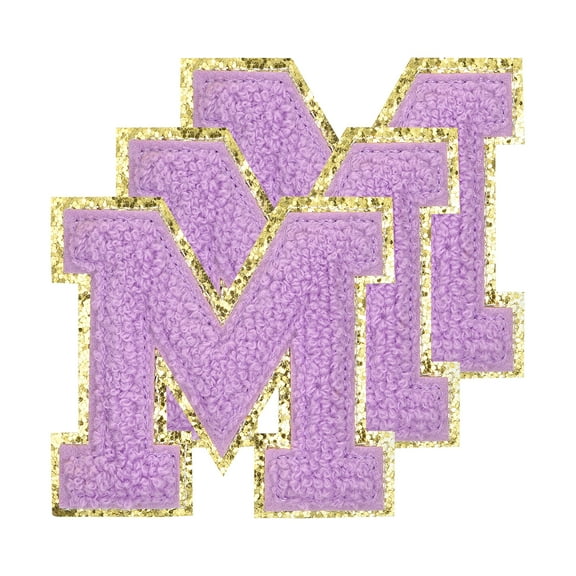 Uxcell Chenille Letters M Patches Large Size 80mm/3.15 Inch M Patches Golden Glitter for Clothing, Pack of 3(Purple)