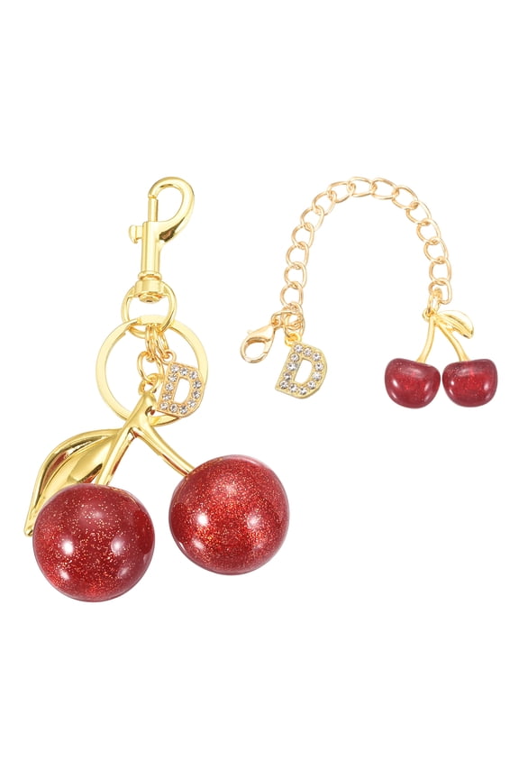 Cherry Keychain, Cherry Bag Charm Initial D Letter Charm, Cute Keychain Tote Bag Accessories for Women Purse Handbag, Gold/Red