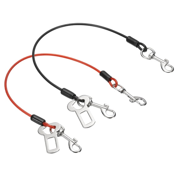 Uxcell Chew Proof Dog Leash, 16 in Dog Seat Belt Harness with Double Clips Leash Extender Steel Braided Vehicle Tether, (Black/Red, 2 Pcs), Intended for Pet Car Safety/Walking/Training