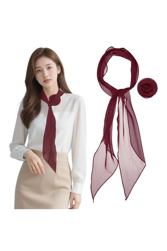 Chiffon Scarf for Women, Long Neck Scarf with Detachable Rose Flower Light Soft - 47 Inch & Wine