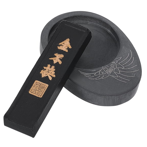 Uxcell Chinese Calligraphy Inkstone with Ink Stick, Round Ink Stone Tray, Black
