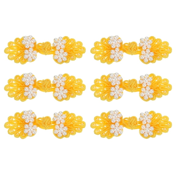 Uxcell Chinese Knots Sewing Buttons Closure, 6 Pairs 60x25mm Knot Frog Buttons, Sewing Buttons Fasteners with Beads (Light Yellow)
