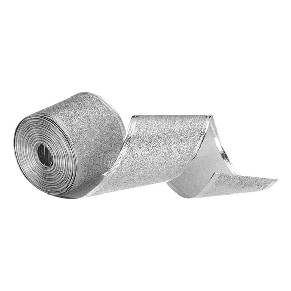 Uxcell Christmas Polyester Ribbon 2" 10 Yard Glitter Ribbon Silver Iron Wired Edge Easy to Shape DIY Crafts Silver