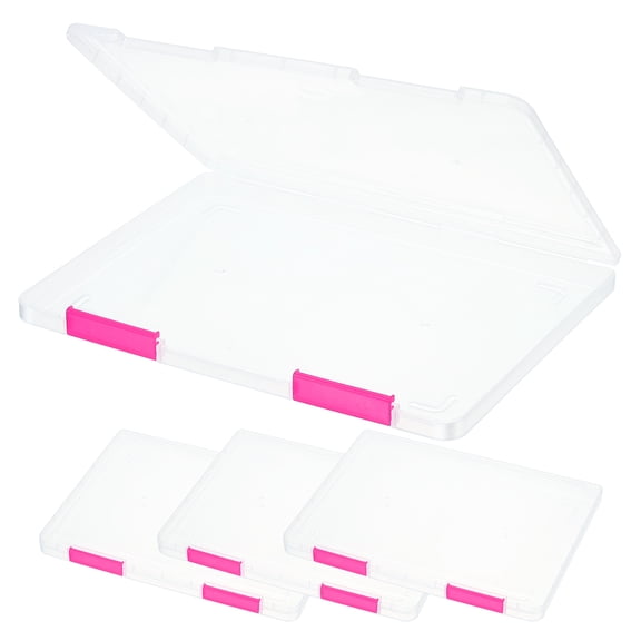 Uxcell Clear A4 File Portable Project Case with Buckle Plastic Storage Box for 8.5" x 11" Letter Paper Scrapbook Paper Storage Boxes, 4Pcs, 12.2"x9.1"x0.8", Dark Pink