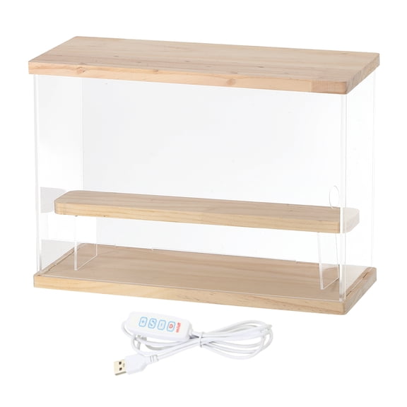 Uxcell Clear Display Case, 2 Layer Acrylic Figure Display Case Clear Display Boxes for Collectibles(Square LED Light, 13x5x9" Wood Base)