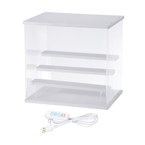 Uxcell Clear Display Case, 4 Layer Acrylic Figure Display Case Clear Display Boxes for Collectibles(Square LED Light, 13x9x12" White Base)