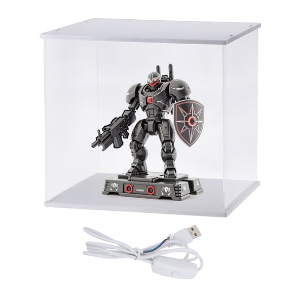 Uxcell Clear Display Case, Acrylic Figure Display Case Clear Display Boxes for Collectibles(Line LED Light, 10x6x8" White Base)