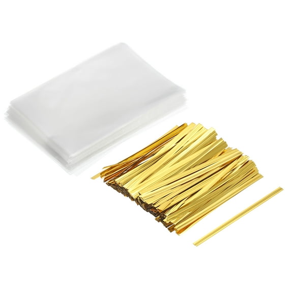 Uxcell Clear Plastic Bags for Candy 4"x2.5" with 3" Foil Twist Ties Gold Tone 100 Set