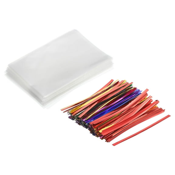Uxcell Clear Plastic Bags for Candy 4"x2.5" with 3" Foil Twist Ties Mixed Color 100 Set