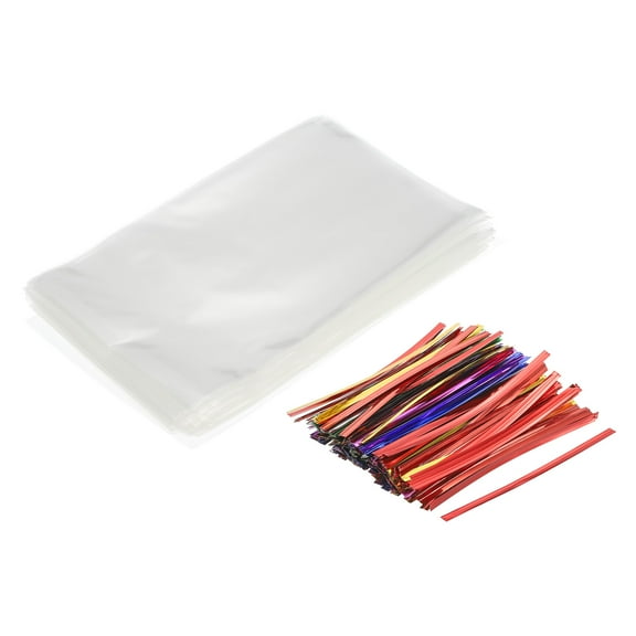 Uxcell Clear Plastic Bags for Candy 6"x4" with 3" Foil Twist Ties Mixed Color 200 Set