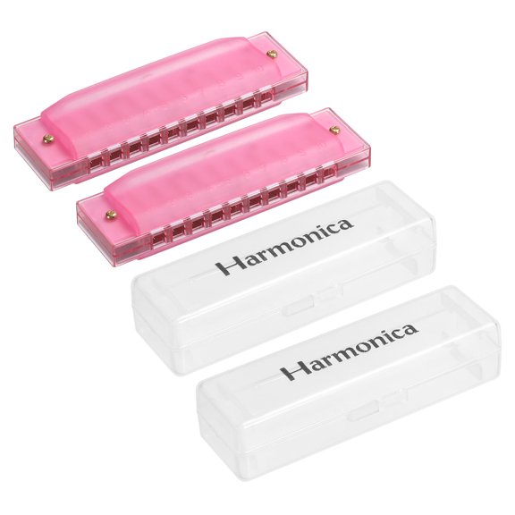 Uxcell Clearly Colorful Translucent Harmonica 10 Holes Pink ABS Harp Mouth with Box 2 Pack