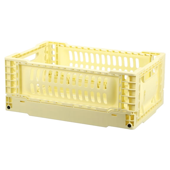 Uxcell Collapsible Crates, 11.7x7.8x4.7" Stackable Plastic Storage Baskets with Handle Small Storage Containers for Bedroom Office Classroom Bathroom Desktop Organizer Decor, Light Yellow