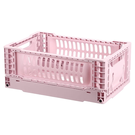 Uxcell Collapsible Crates, 11.7x7.8x4.7" Stackable Plastic Storage Baskets with Handle Small Storage Containers for Bedroom Office Classroom Bathroom Desktop Organizer Decor, Pink
