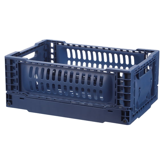 Uxcell Collapsible Crates, 11.7x7.8x4.7" Stackable Plastic Storage Baskets with Handle Small Storage Containers for Bedroom Office Classroom Bathroom Desktop Organizer Decor, Dark Blue