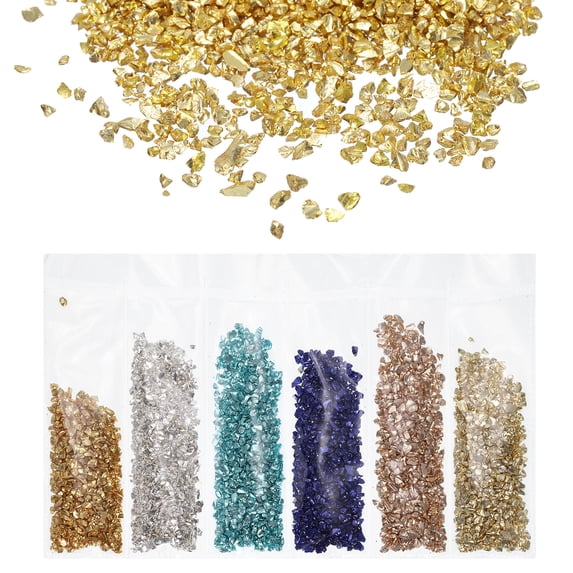 Uxcell 6Pcs Crushed Glass Chips High Luster Irregular Glass Chips for Nail Arts 1.06 oz Yellow, Silver, Blue, Purple, Gold, Verdigris