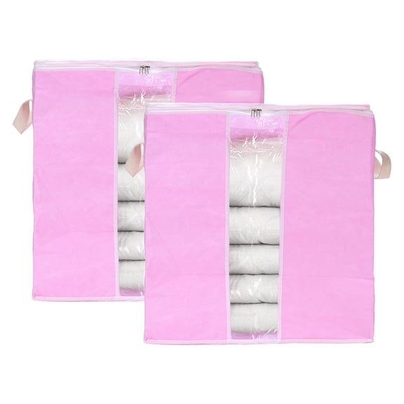 Uxcell Comforter Storage Bag with Handle Clear Window 19.7x13.8x19.7" Pink 2Pack, Soft Blanket Clothes Container Zippered Closet Organizer Bag for Storage Bedding Comforter Blanket