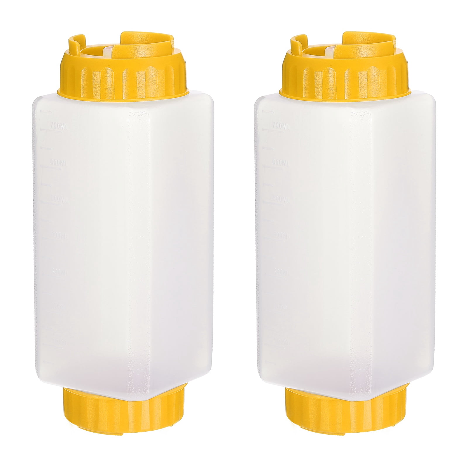 Uxcell Condiment Squeeze Bottles for Sauces, 2pcs 24 oz Refillable Square Double Head Bottle, Dispensers Leak Proof for Cooking Oil Seasoning Honey Syrup, Yellow