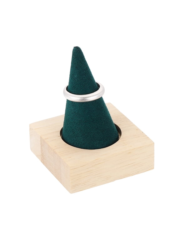 Cone Velvet Ring Display Stands, Wooden Ring Storage Organizer with Rubberwood Base for Women Retail Exhibition Wedding Jewelry Holder Storage Room Decoration, Dark Green