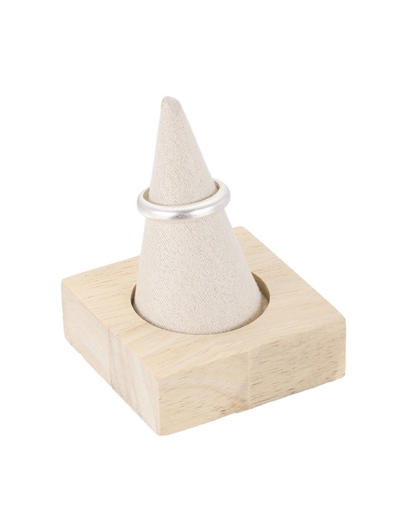 Cone Velvet Ring Display Stands, Wooden Ring Storage Organizer with Rubberwood Base for Women Retail Exhibition Wedding Jewelry Holder Storage Room Decoration, Beige