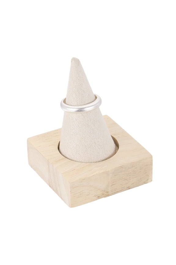 Cone Velvet Ring Display Stands, Wooden Ring Storage Organizer with Rubberwood Base for Women Retail Exhibition Wedding Jewelry Holder Storage Room Decoration, Beige
