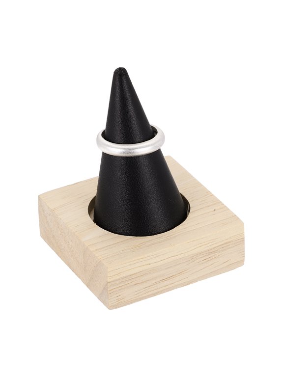 Cone Velvet Ring Display Stands, Wooden Ring Storage Organizer with Rubberwood Base for Women Retail Exhibition Wedding Jewelry Holder Storage Room Decoration, Black