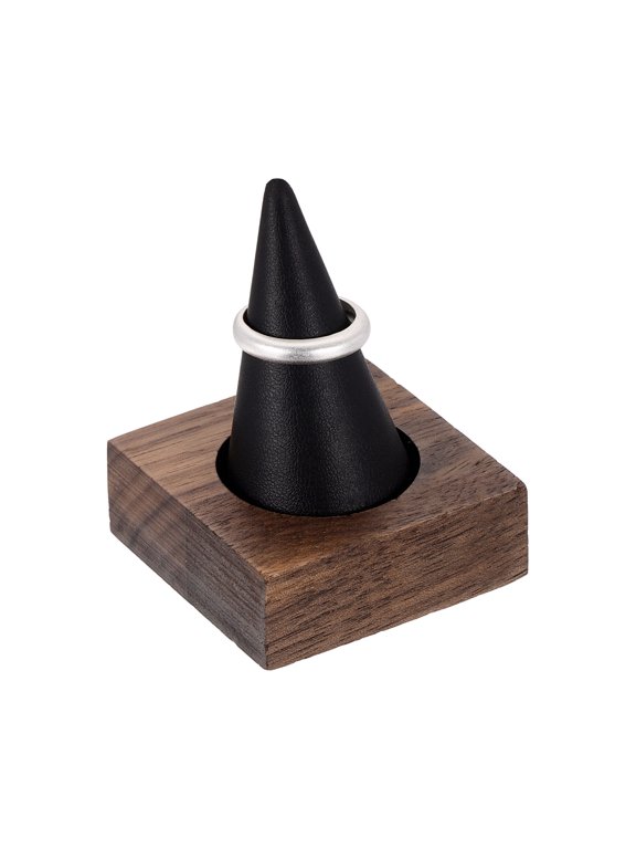 Cone Velvet Ring Display Stands, Wooden Ring Storage Organizer with Walnut Wood Base for Women Retail Exhibition Wedding Jewelry Holder Storage Room Decoration, Black