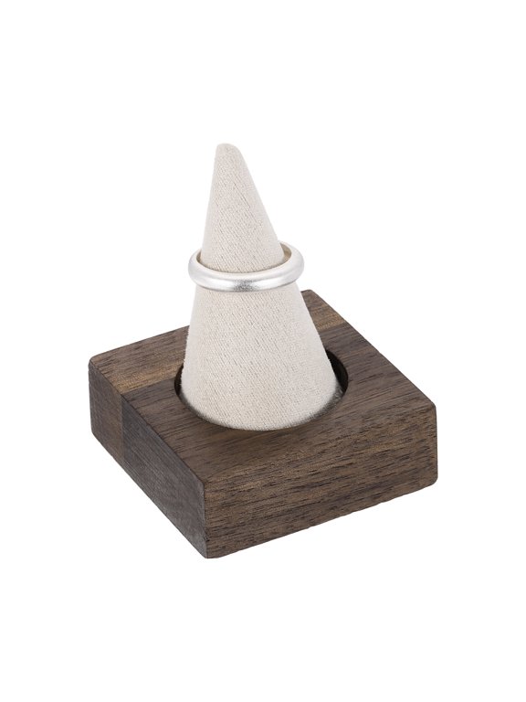 Cone Velvet Ring Display Stands, Wooden Ring Storage Organizer with Walnut Wood Base for Women Retail Exhibition Wedding Jewelry Holder Storage Room Decoration, Beige