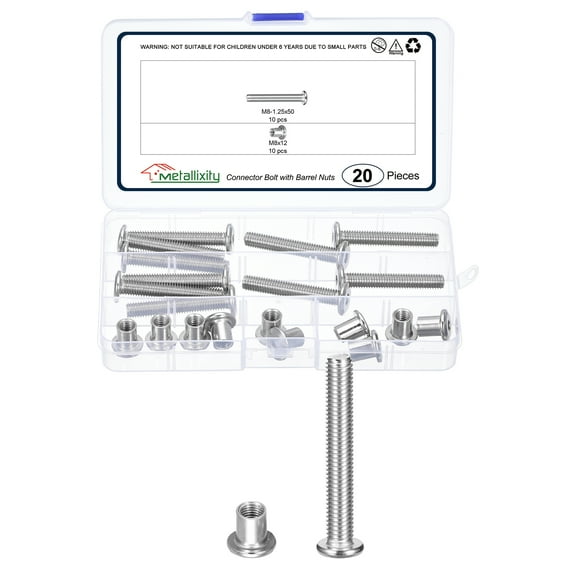 Uxcell Connector Bolt(M8-1.25x25mm) 20Pcs, Connector Bolts M8 Countersunk Screw Barrel Nuts Binding Screws, Silver