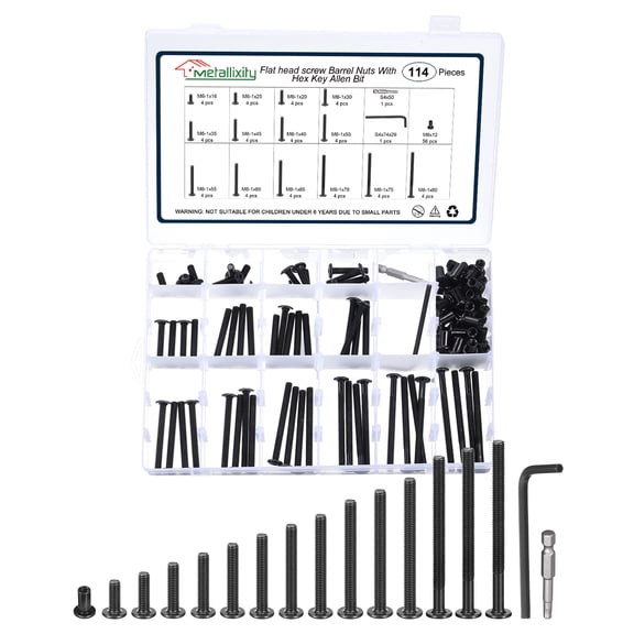 Uxcell Connector Bolts (M6-1) 114Pcs Socket Cap Screws Barrel Nuts Hex Drive Allen Bit Kit