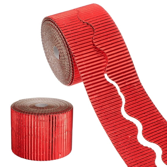 Uxcell 49.2ft Bulletin Board Border, Corrugated Paper Decorative Wavy Border, Scalloped Rolled Border Trim for Crafts Classroom Offices DIY Project Party Birthday Decoration, Metallic Red