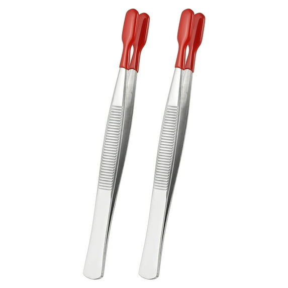 Uxcell Craft Tweezers with Rubber Tips, 2Pcs Coated Tweezers Set Long Stainless Steel Bent Straight Flat Tip Tweezers for Stamp Sticker Crafts Beads Jewelry Tools, Red 4.3"