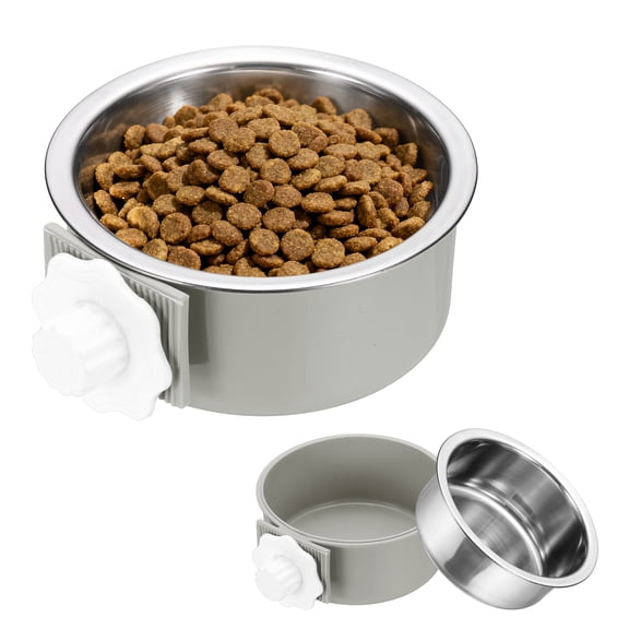 Uxcell Crate Dog Bowl, Removable Stainless Steel Pet Cage Hanging Anti-overturn Food Water Feeder Cage Cup (Round, Grey, 13.2oz), Intended for Puppies/Cat/Rabbit/Bird