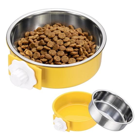 Uxcell Crate Dog Bowl, Removable Stainless Steel Pet Cage Hanging Anti-overturn Food Water Feeder Cage Cup (Round, Yellow, 25.3oz), Intended for Puppies/Cat/Rabbit/Bird