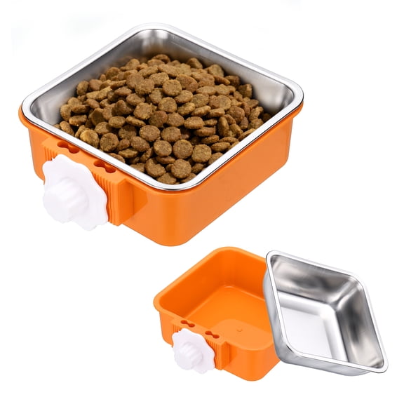 Uxcell Crate Dog Bowl, Removable Stainless Steel Pet Cage Hanging Anti-overturn Food Water Feeder Cage Cup (Square, Orange, 17.7oz), Intended for Puppies/Cat/Rabbit/Bird