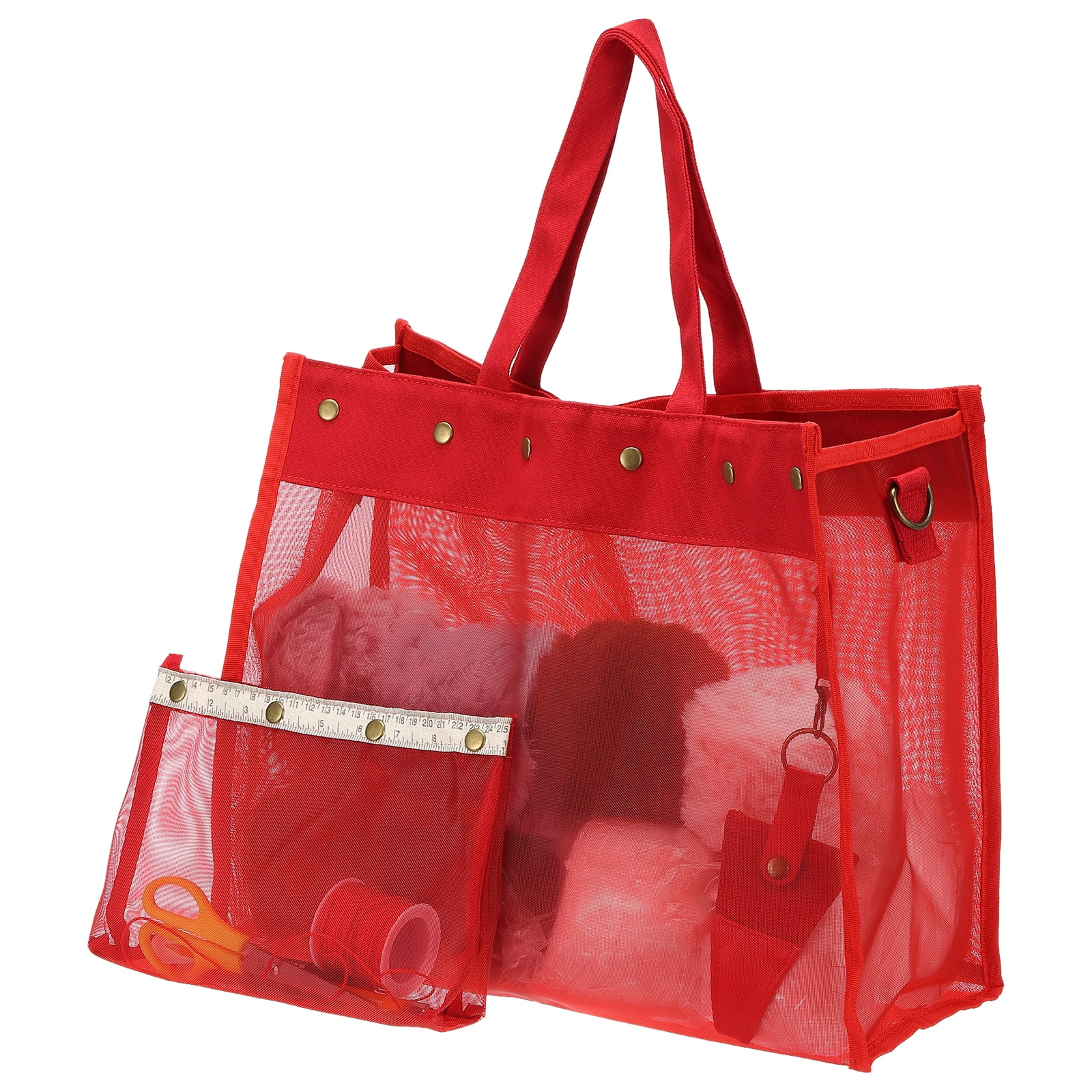 Uxcell Crochet Bag for Yarn Storage, Large Size Knitting Organizer Detachable Mesh Yarn Case Holder with Strap, Red