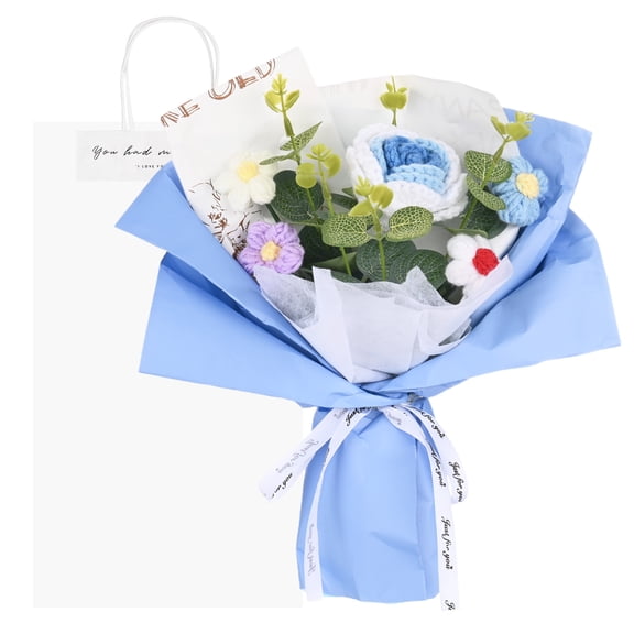 Uxcell Crochet Flowers Bouquet, Handmade Knitted Rose with Gift Bag for DIY Home Decor [Gradient Blue]