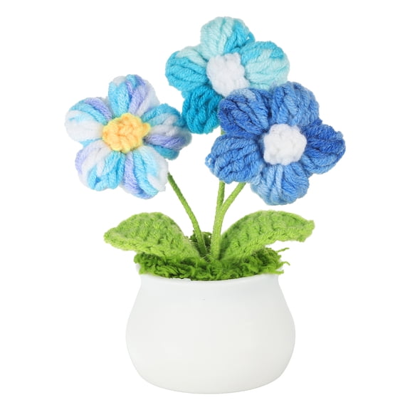 Uxcell Crochet Flowers Potted, Handmade Knitted Mini Potted Plants Puff Knitting Artificial Flowers, Gradient Blue