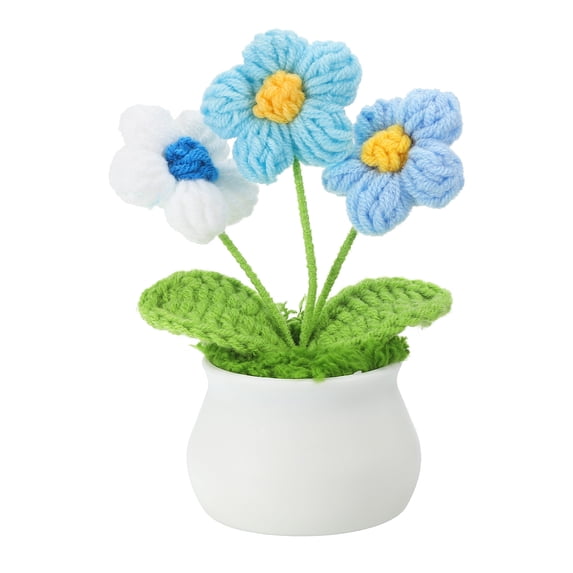 Uxcell Crochet Flowers Potted, Handmade Knitted Mini Potted Plants Puff Knitting Artificial Flowers, White Blue